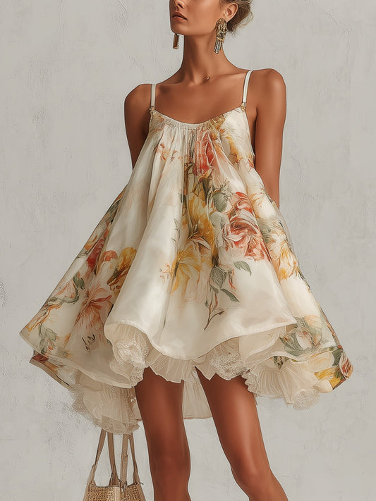 Mini White Dress — floral organza with lace trim
