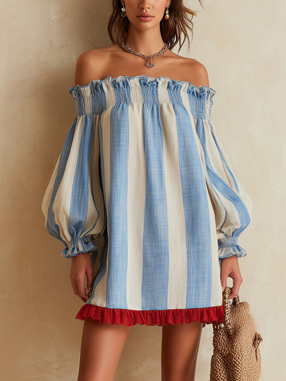 Ondine Mini Dress — striped off-the-shoulder