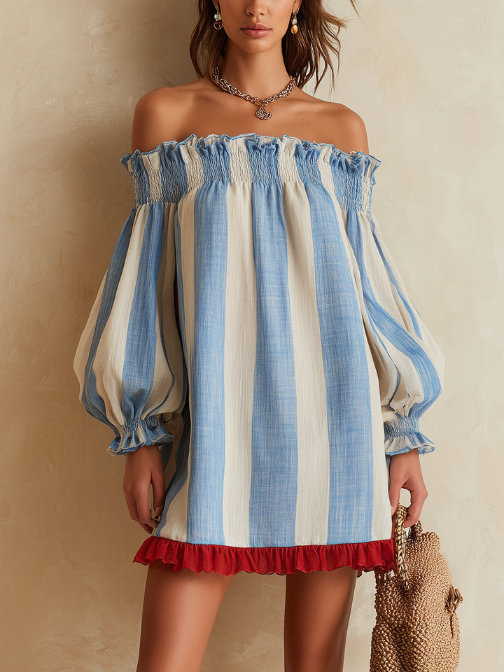 Ondine Mini Dress — striped off-the-shoulder