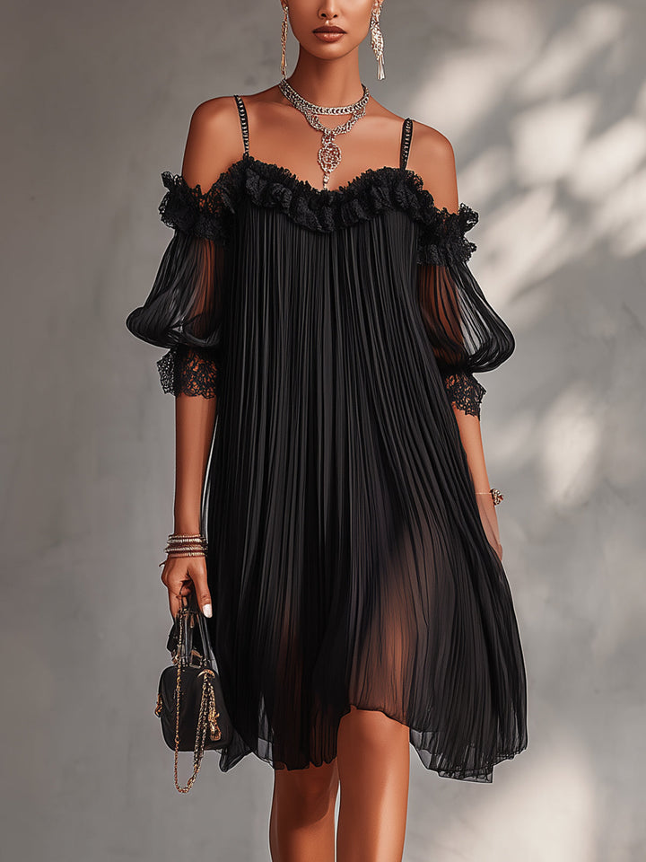 Camille Mini Dress — off-the-shoulder mousseline with lace