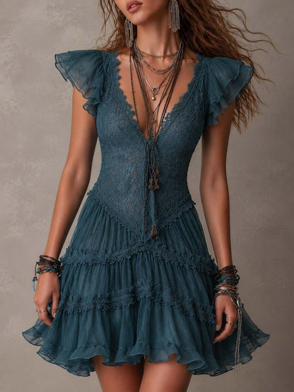 Delphine Mini Dress — blue retro lace ruffles