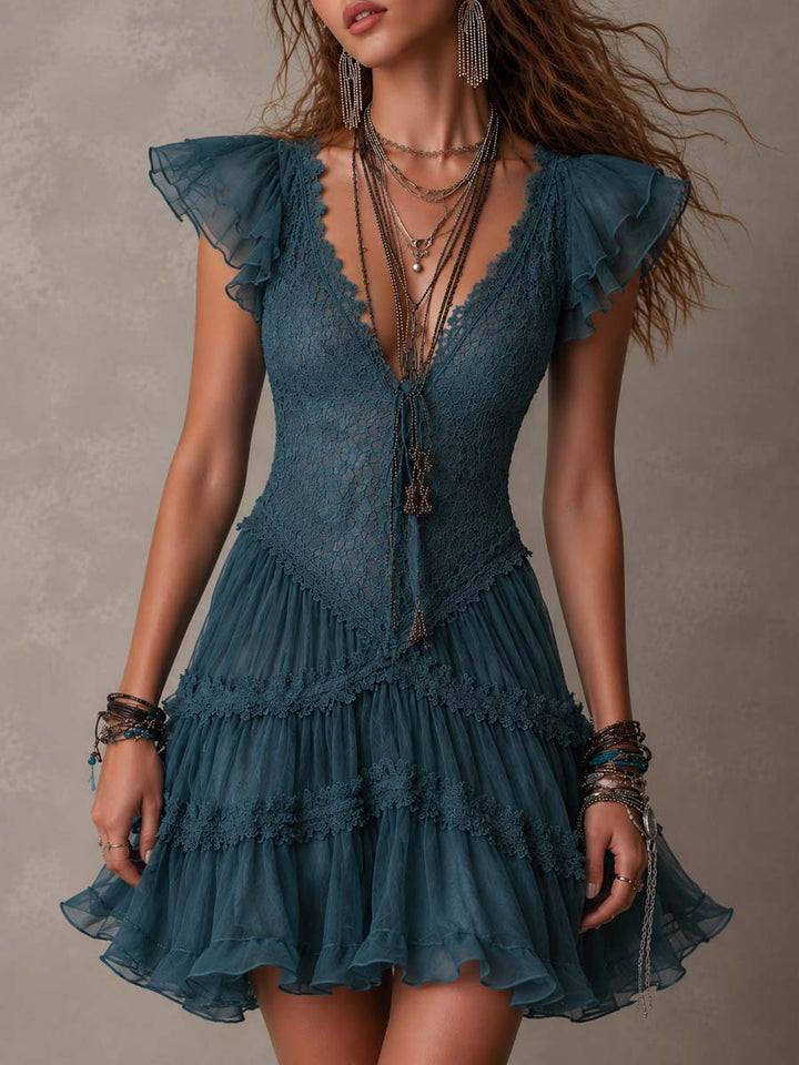 Delphine Mini Dress — blue retro lace ruffles
