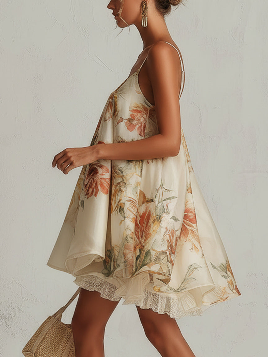 Mini White Dress — floral organza with lace trim