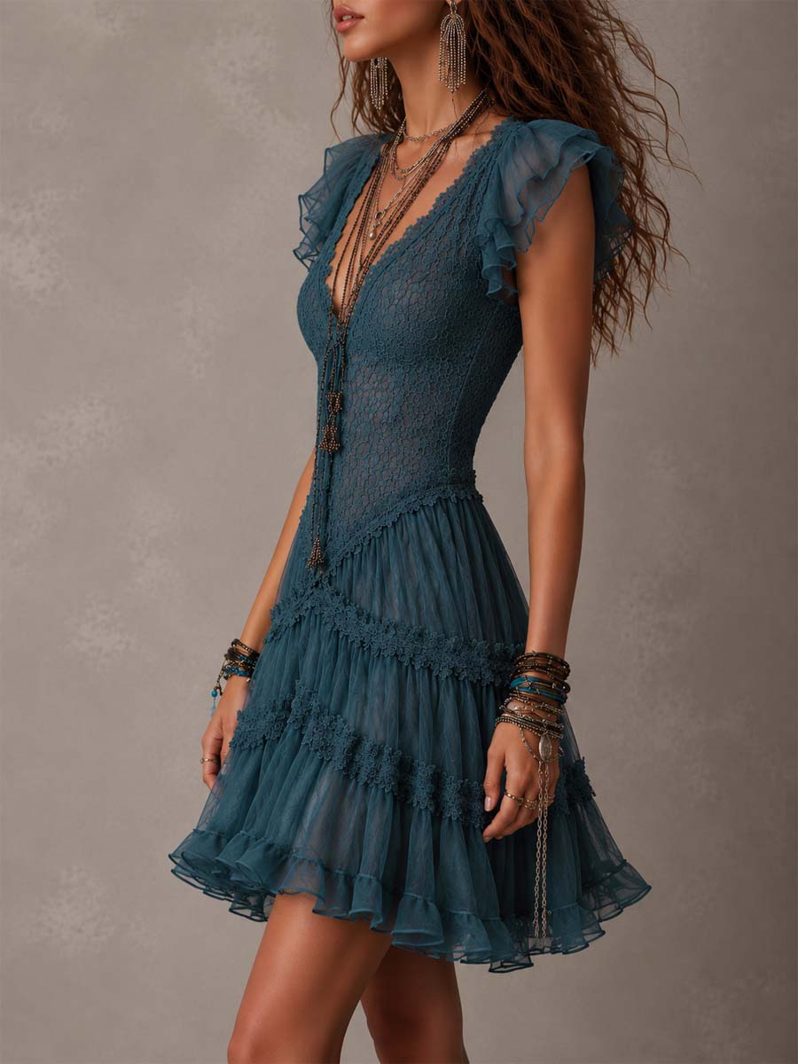 Delphine Mini Dress — blue retro lace ruffles