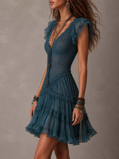 Delphine Mini Dress — blue retro lace ruffles
