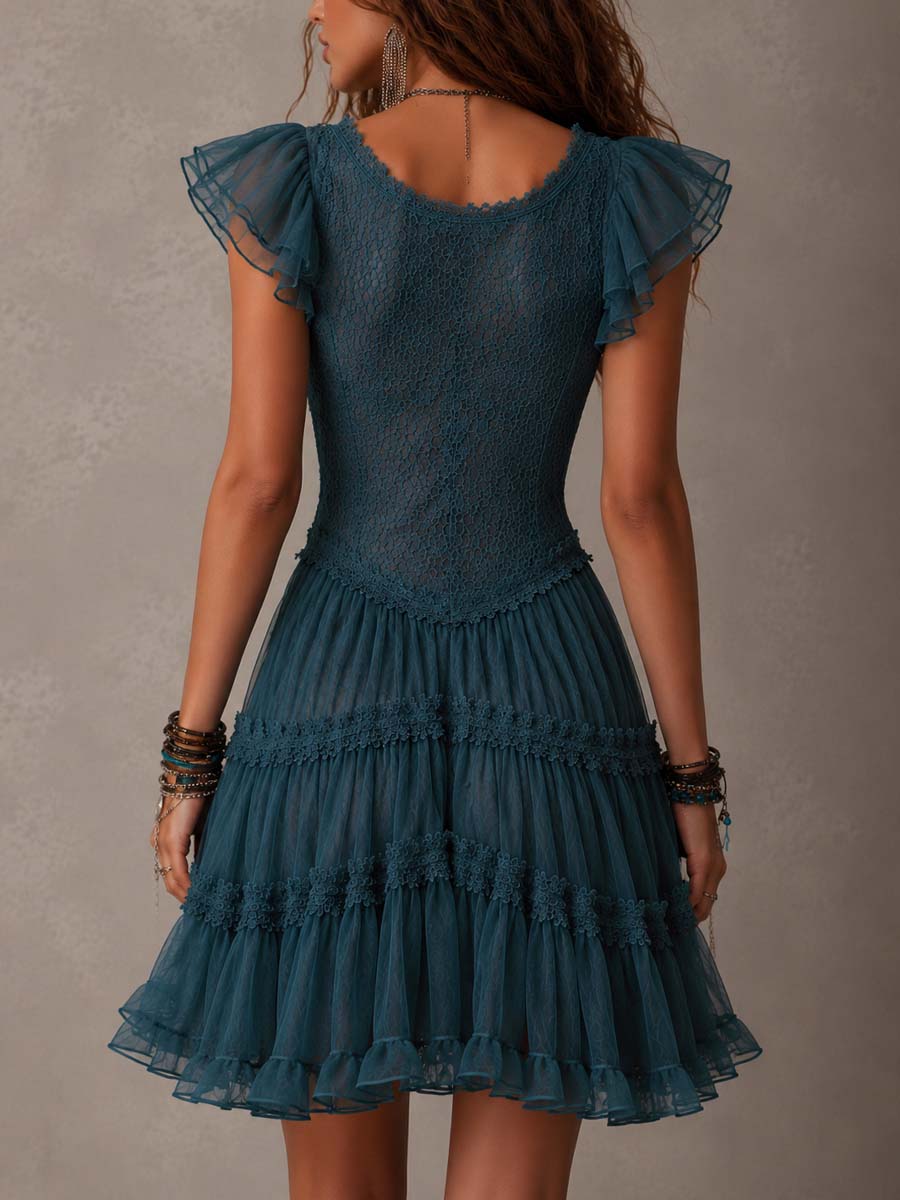 Delphine Mini Dress — blue retro lace ruffles
