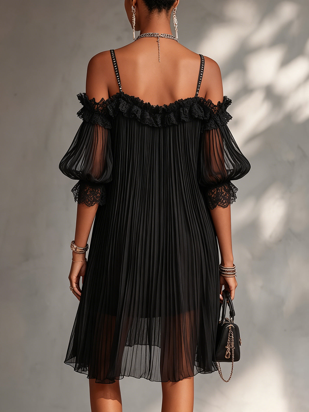 Camille Mini Dress — off-the-shoulder mousseline with lace