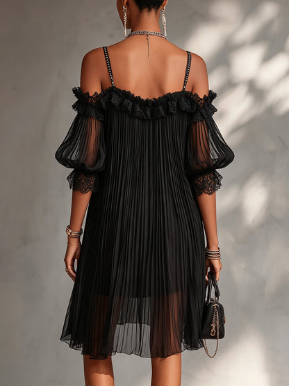 Camille Mini Dress — off-the-shoulder mousseline with lace