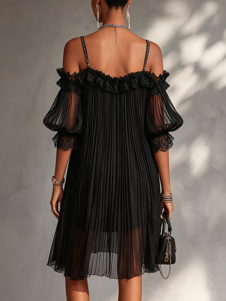 Camille Mini Dress — off-the-shoulder mousseline with lace