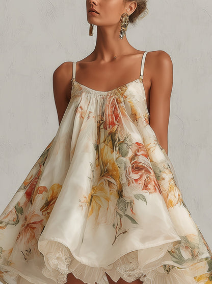 Mini White Dress — floral organza with lace trim