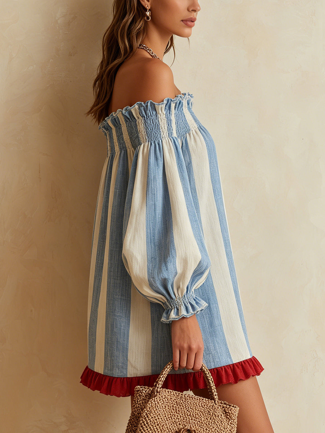 Ondine Mini Dress — striped off-the-shoulder