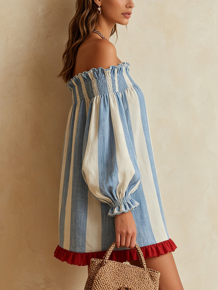 Ondine Mini Dress — striped off-the-shoulder