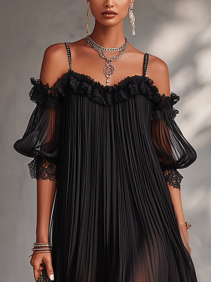 Camille Mini Dress — off-the-shoulder mousseline with lace