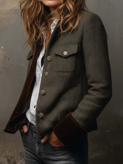 Honorine | Vintage Chevron Blazer with Contrasting Piping