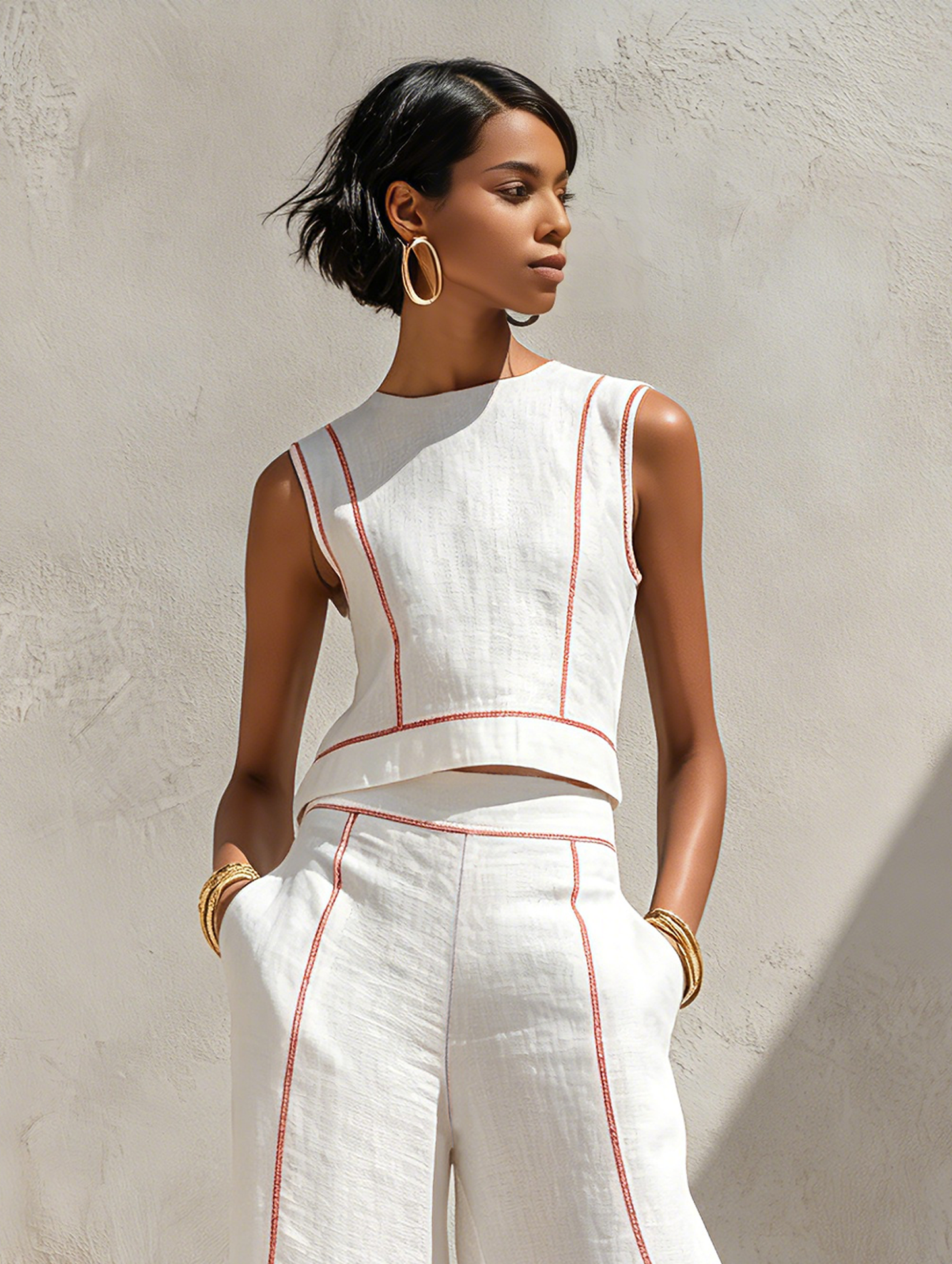 Linen-Blend Contrast-Stitched Pants Set