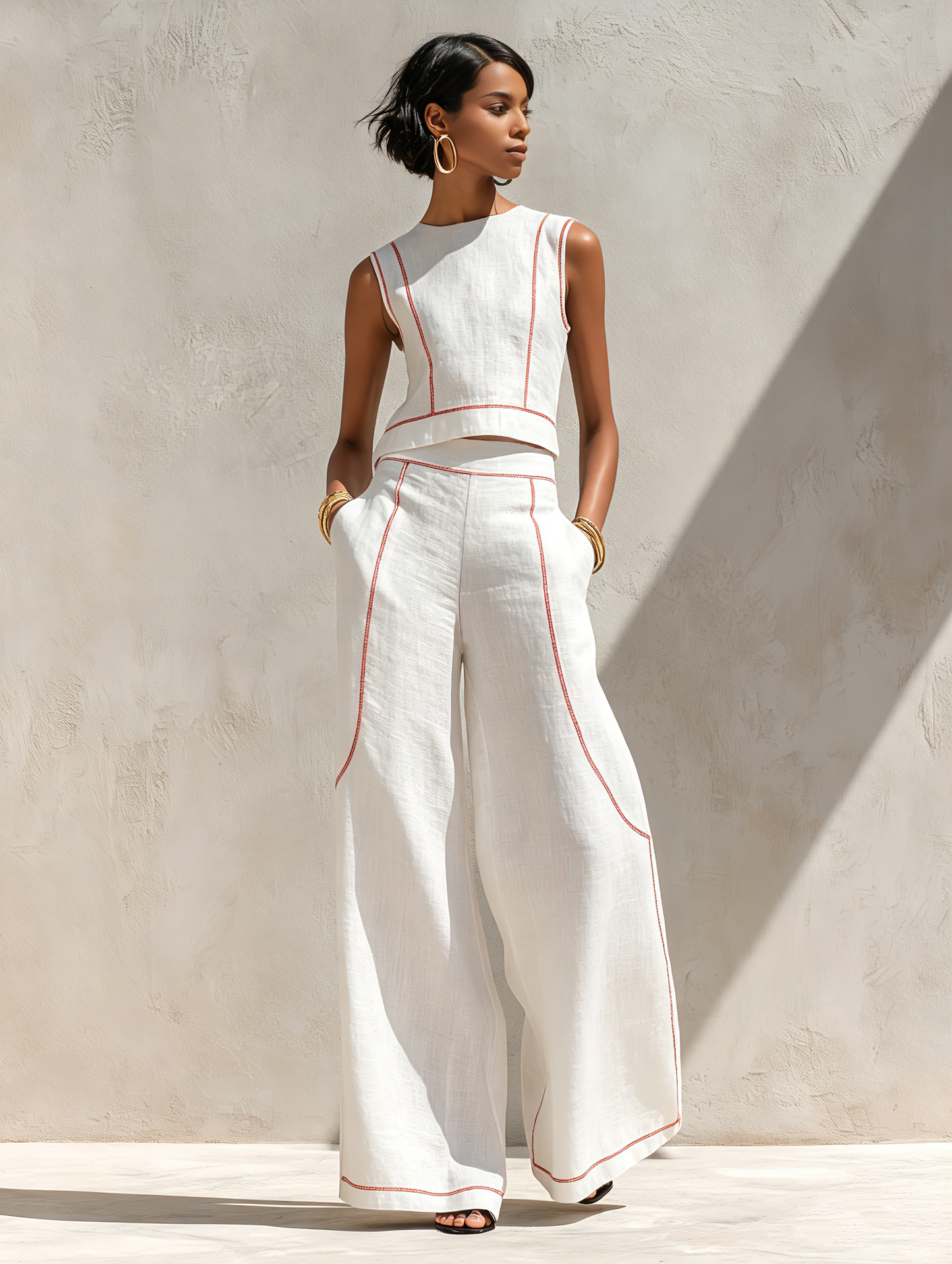 Linen-Blend Contrast-Stitched Pants Set