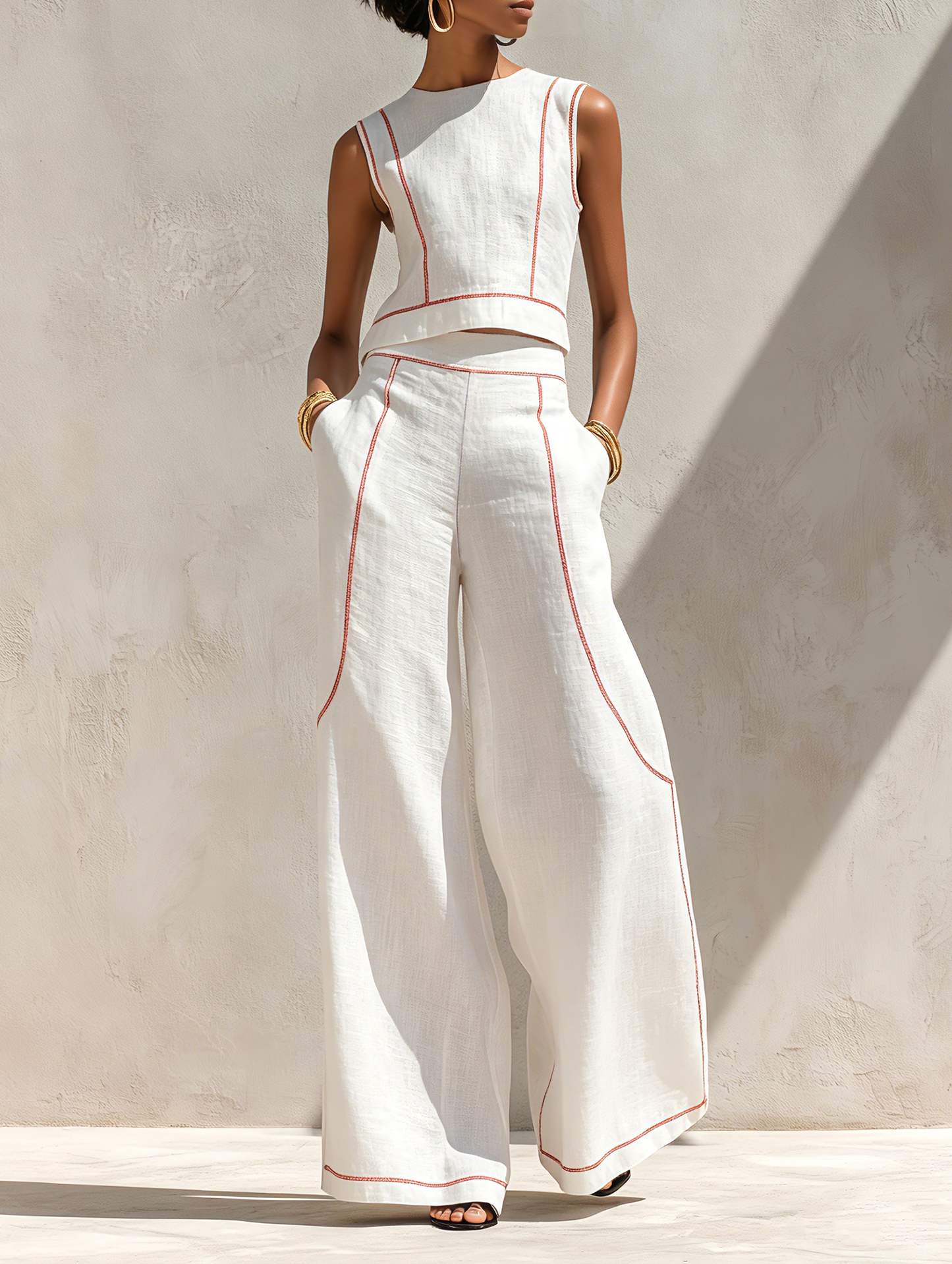 Linen-Blend Contrast-Stitched Pants Set