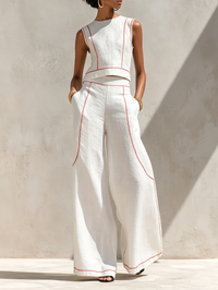 Linen-Blend Contrast-Stitched Pants Set