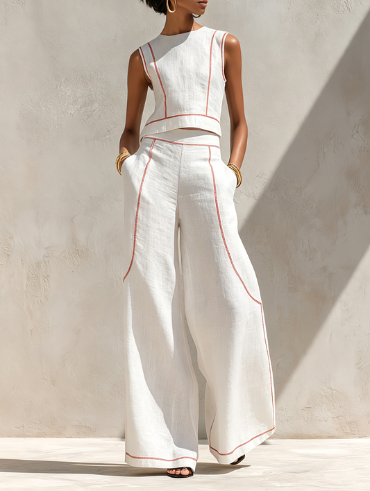 Linen-Blend Contrast-Stitched Pants Set