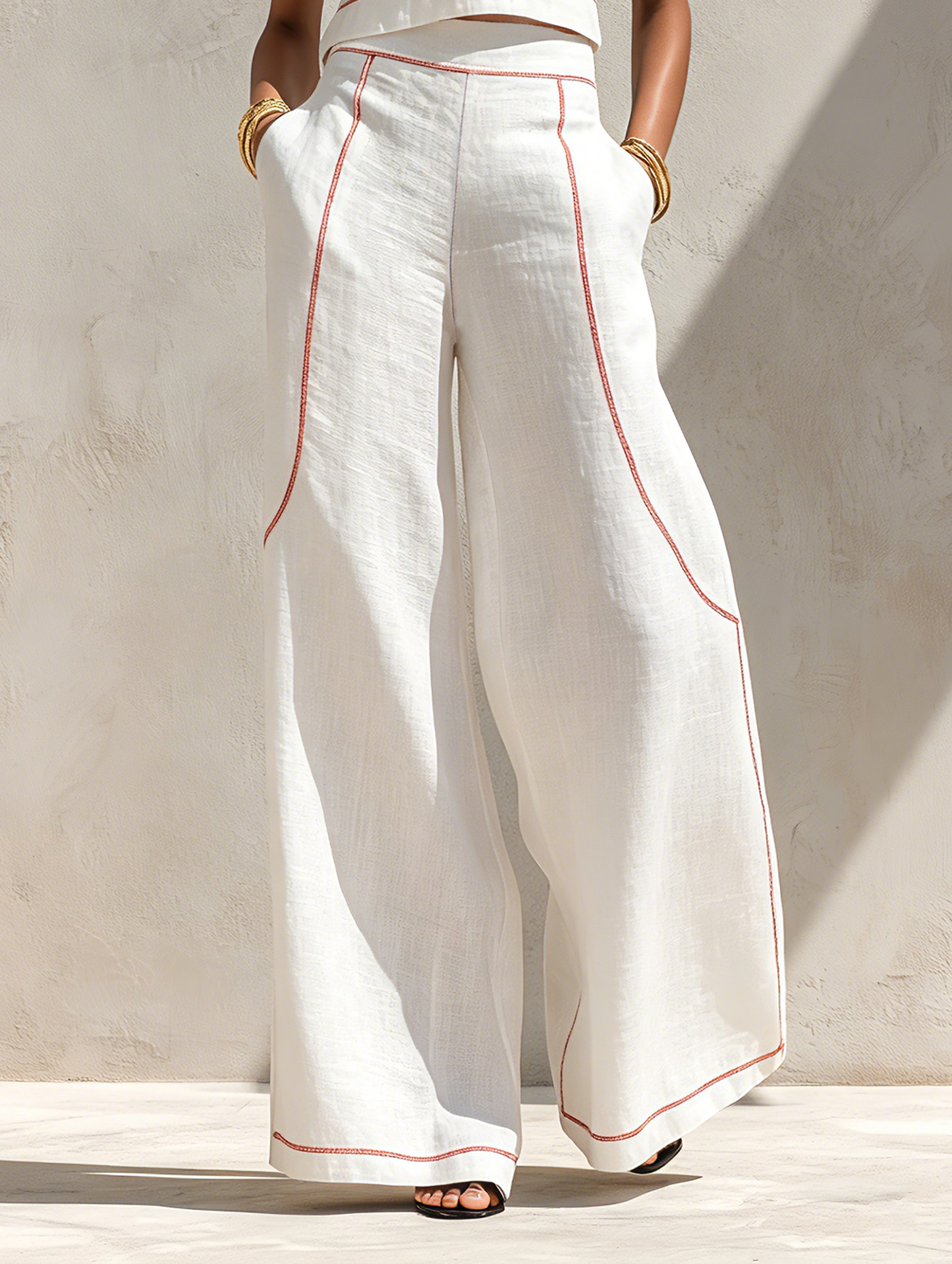 Linen-Blend Contrast-Stitched Pants Set