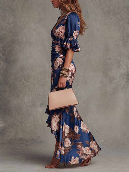 Odalys | Asymmetrical Long Dress with V-Neck, Flared Puff Sleeves, and Floral Pattern