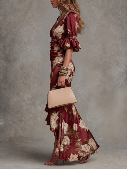 Serafina | Asymmetrical Long Dress with V-Neck, Flared Puff Sleeves, and Floral Pattern