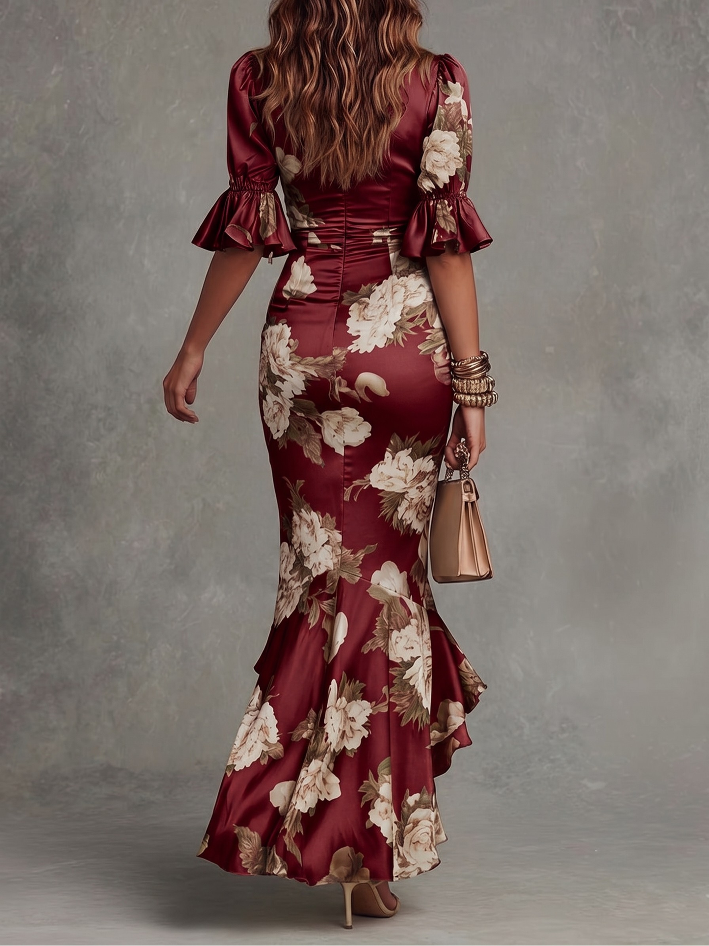 Serafina | Asymmetrical Long Dress with V-Neck, Flared Puff Sleeves, and Floral Pattern
