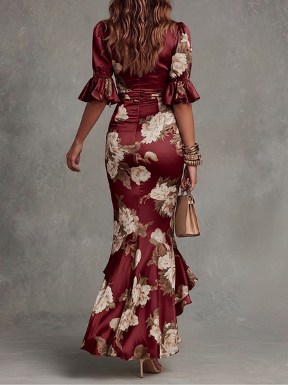 Serafina | Asymmetrical Long Dress with V-Neck, Flared Puff Sleeves, and Floral Pattern
