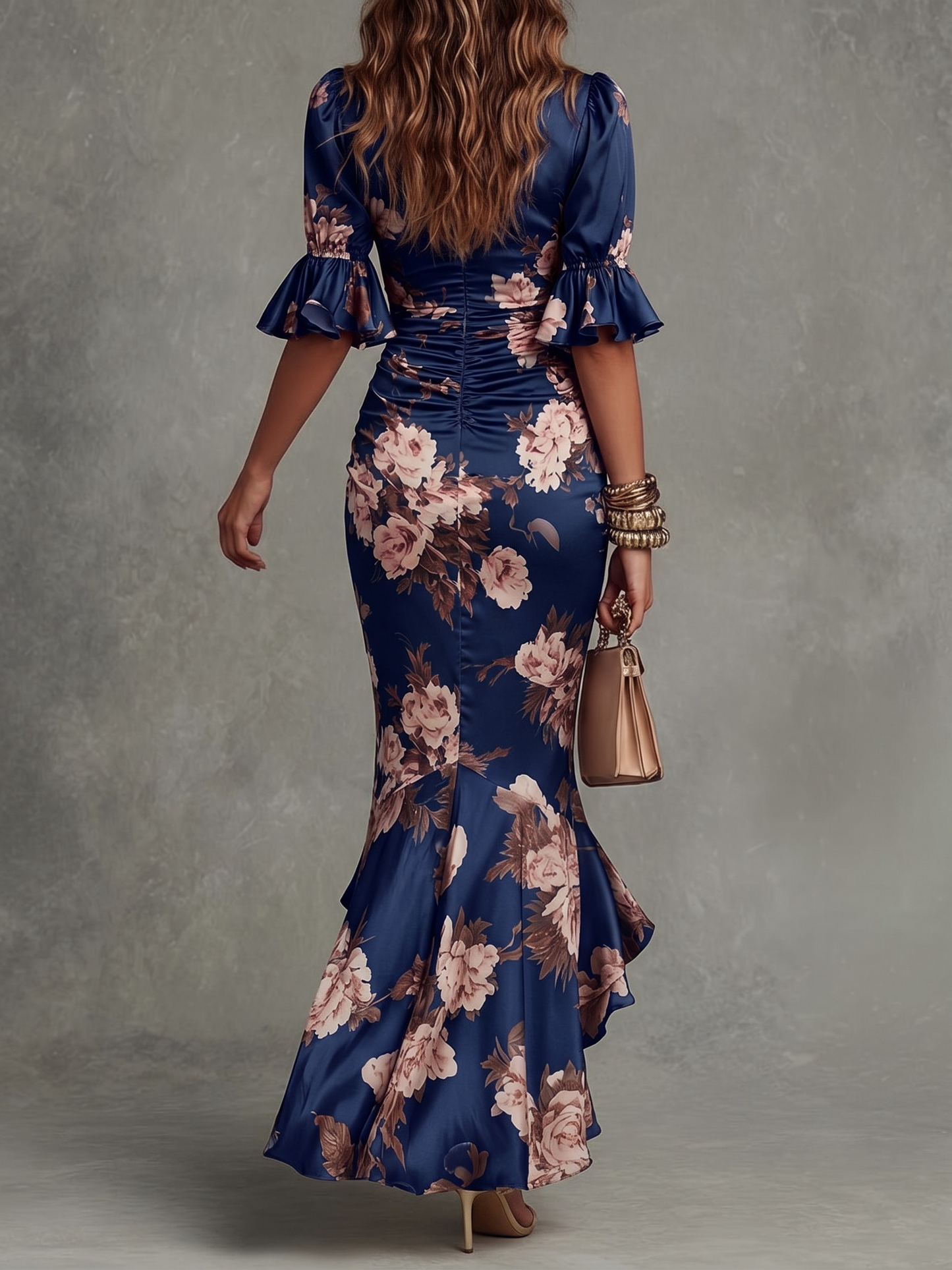 Odalys | Asymmetrical Long Dress with V-Neck, Flared Puff Sleeves, and Floral Pattern