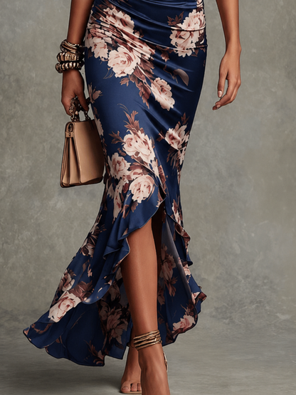 Odalys | Asymmetrical Long Dress with V-Neck, Flared Puff Sleeves, and Floral Pattern