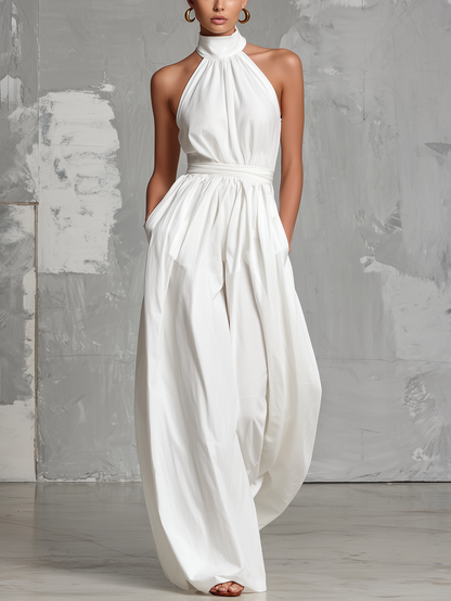 Zoltán | Elegant white woven sleeveless halter-neck jumpsuit
