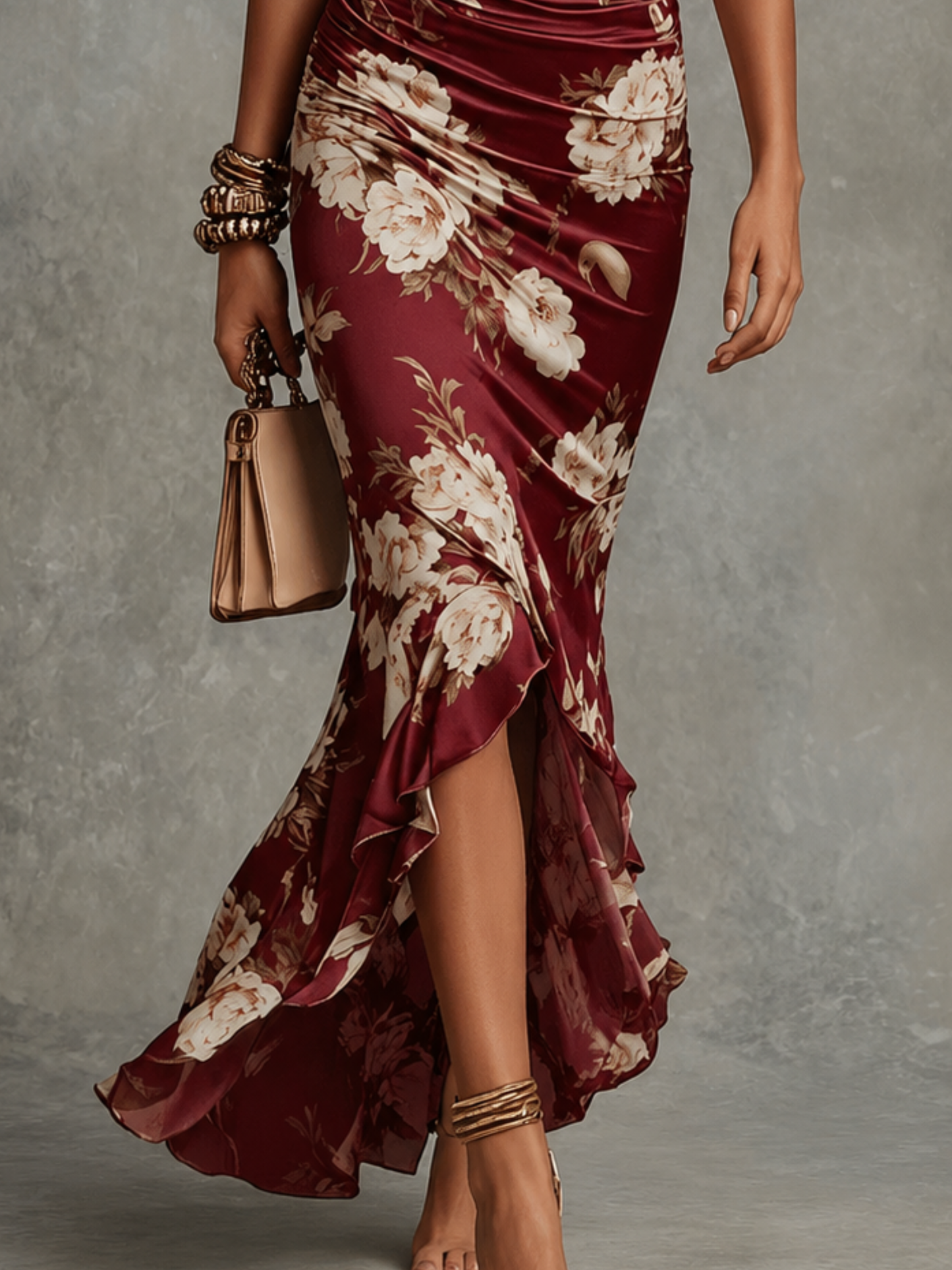 Serafina | Asymmetrical Long Dress with V-Neck, Flared Puff Sleeves, and Floral Pattern