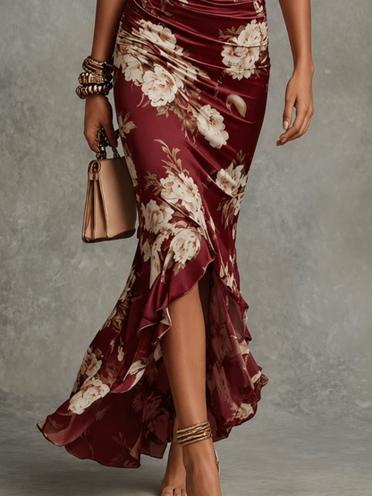 Serafina | Asymmetrical Long Dress with V-Neck, Flared Puff Sleeves, and Floral Pattern