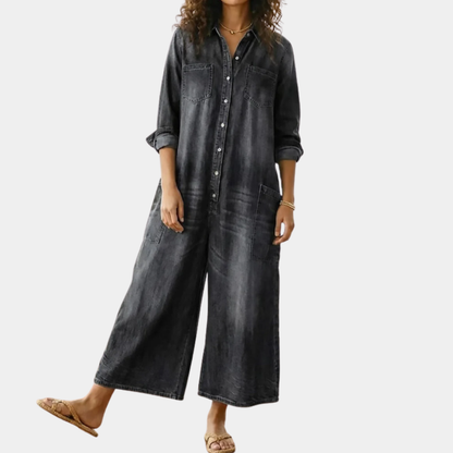 Saylor - Vintage Washed Soft Cotton Denim Jumpsuit with Button Closure