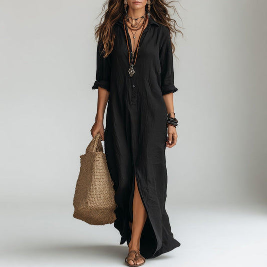 Violaine™ — Bohemian long shirt dress with natural elegance