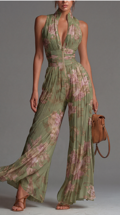 Pleated Floral Chiffon Jumpsuit