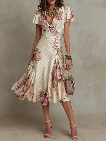 Alba | Elegant Floral Ruched Wrap Midi Dress