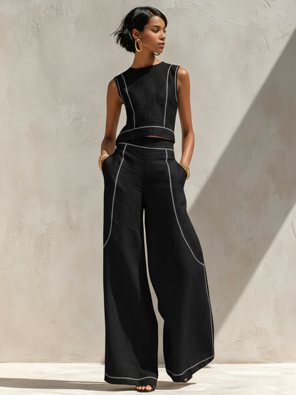 Linen-Blend Contrast-Stitched Pants Set