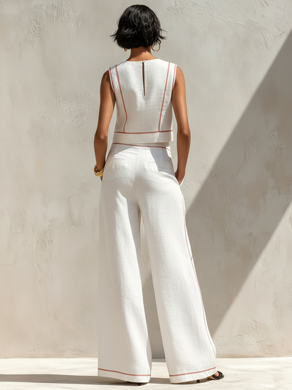 Linen-Blend Contrast-Stitched Pants Set