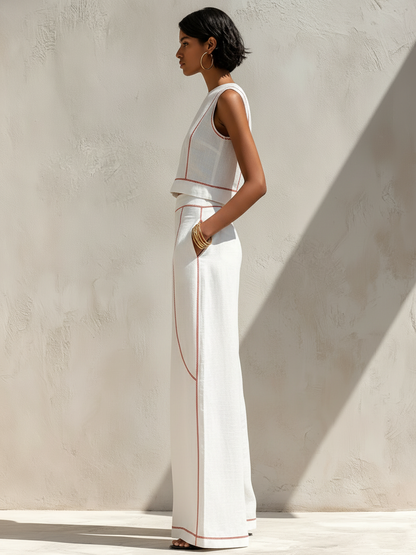 Linen-Blend Contrast-Stitched Pants Set