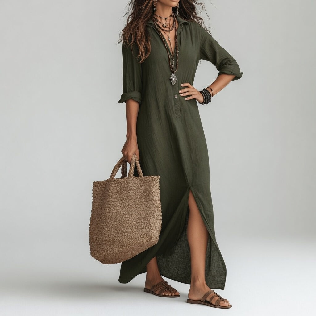 Violaine™ — Bohemian long shirt dress with natural elegance