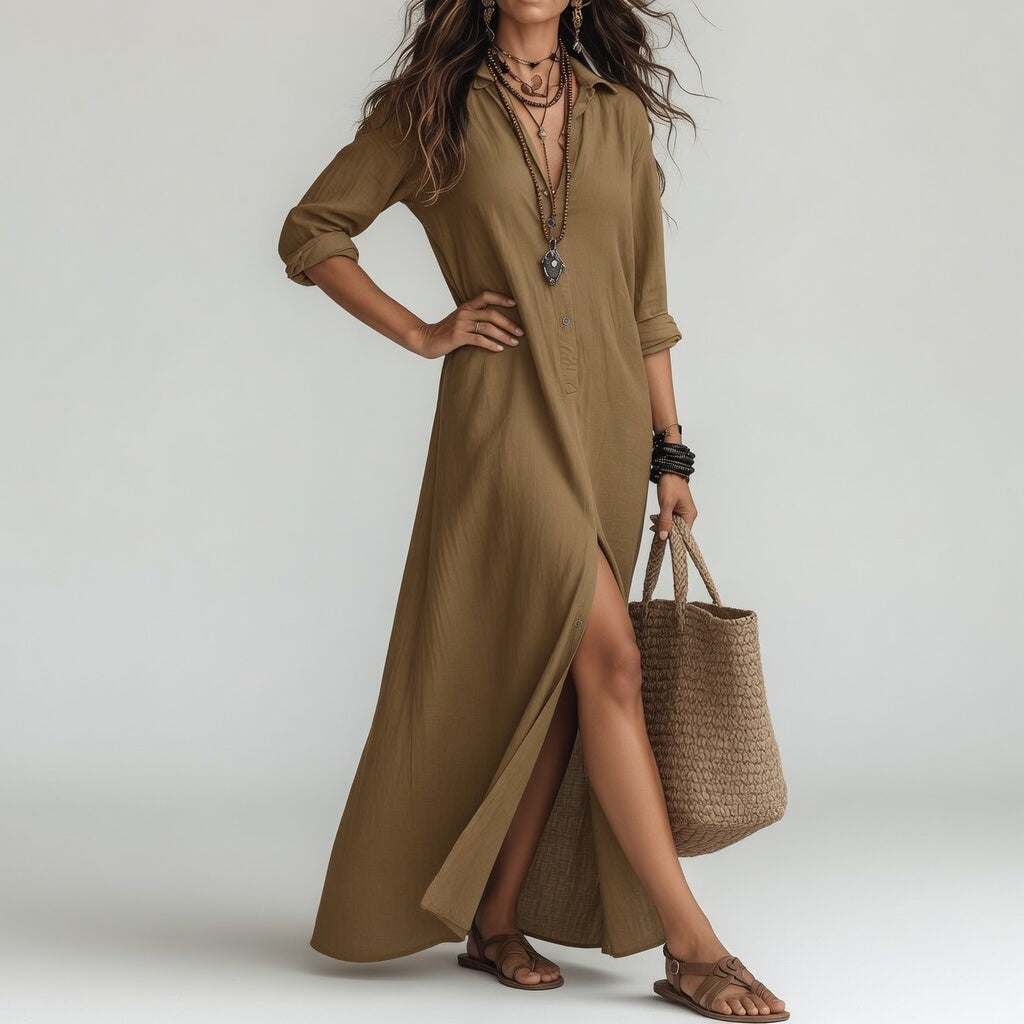Violaine™ — Bohemian long shirt dress with natural elegance