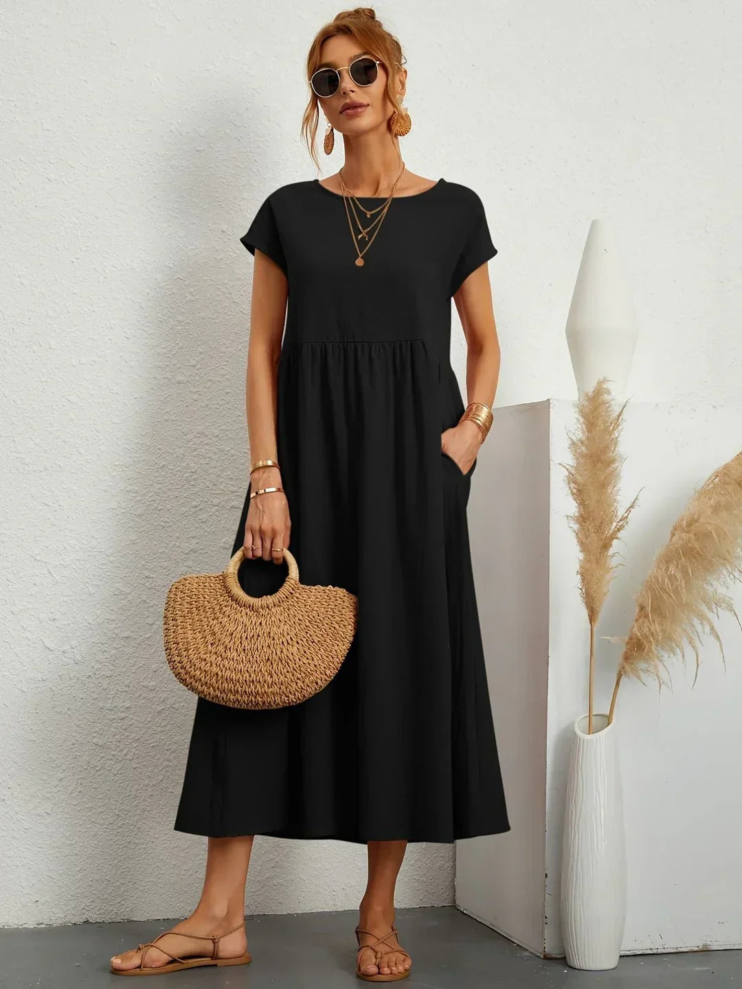 Gabrielle™ — Fluid Midi Dress, Timeless Elegance