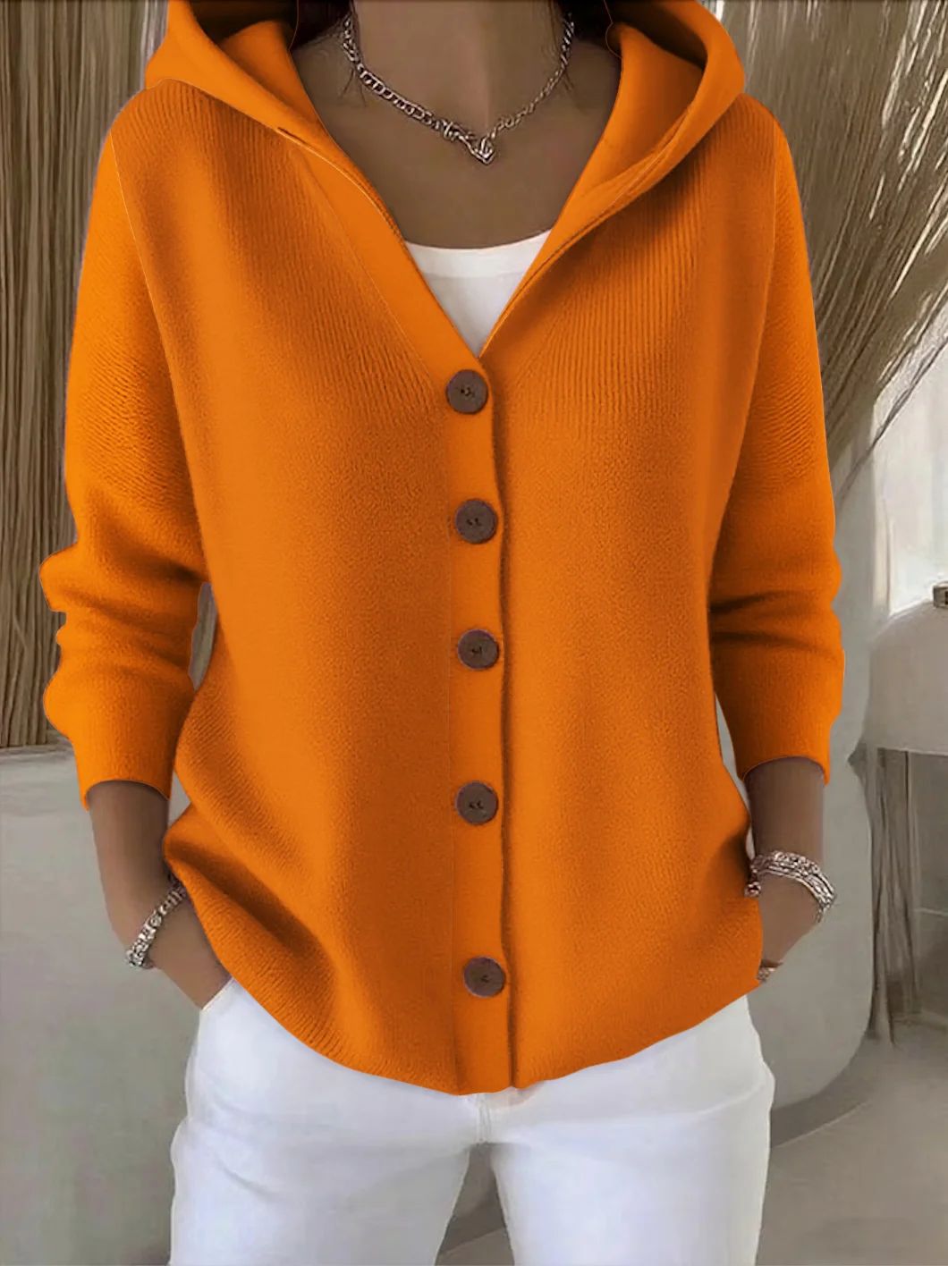 Darienne - Knit Hooded Button-Up Cardigan