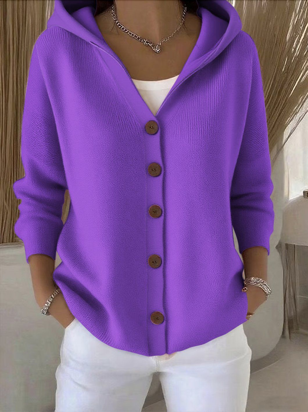Darienne - Knit Hooded Button-Up Cardigan