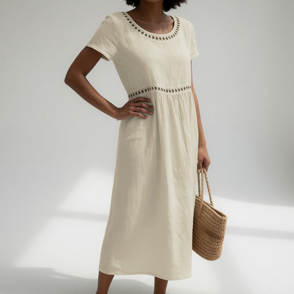 Pernelle™ — Mid-length 100% cotton embroidered dress with soft femininity