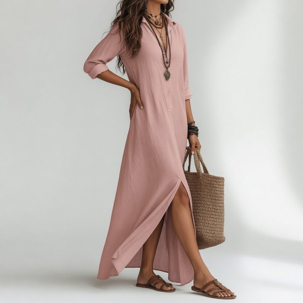 Violaine™ — Bohemian long shirt dress with natural elegance