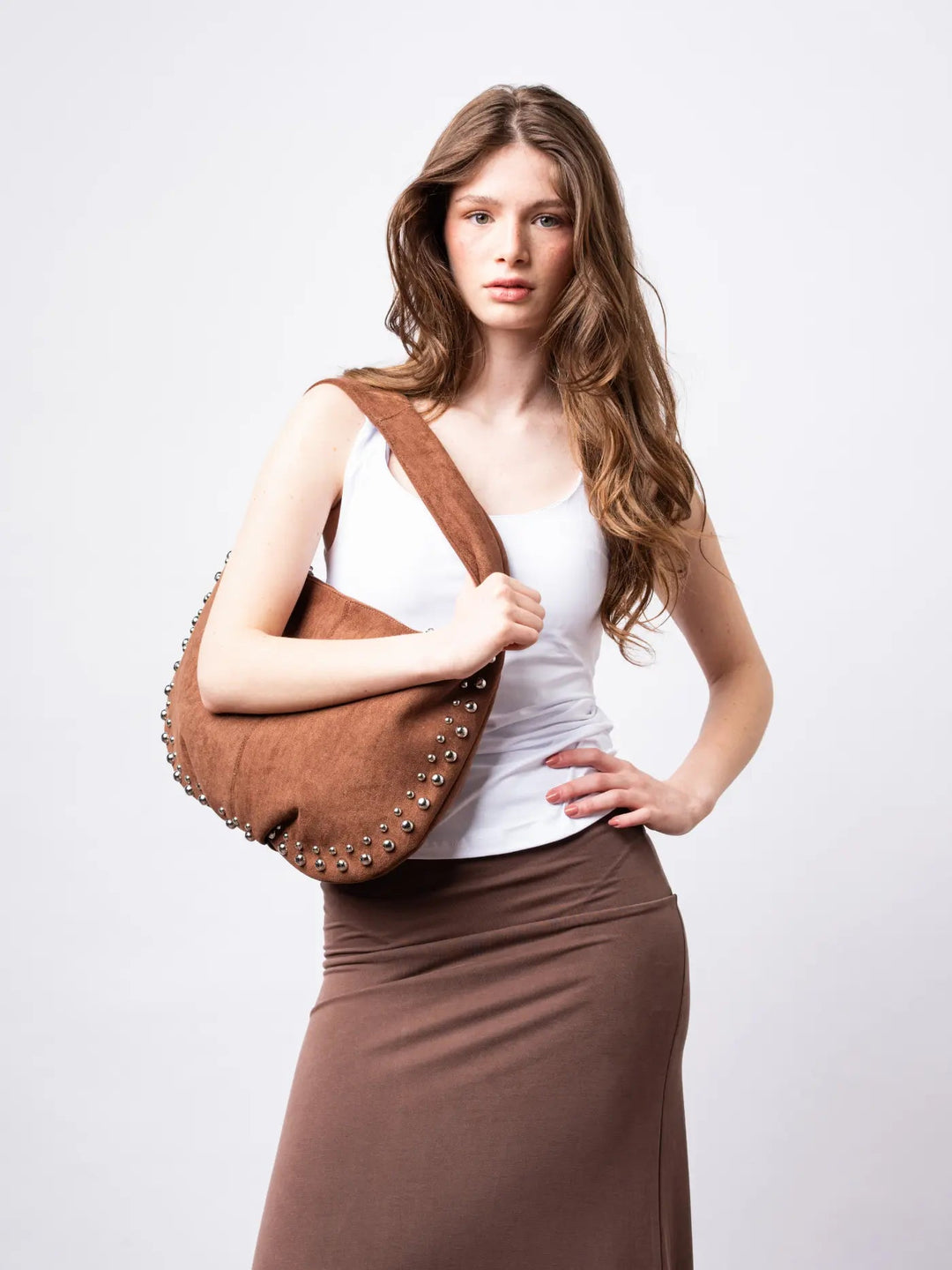 Studded Suede Shoulder Bag
