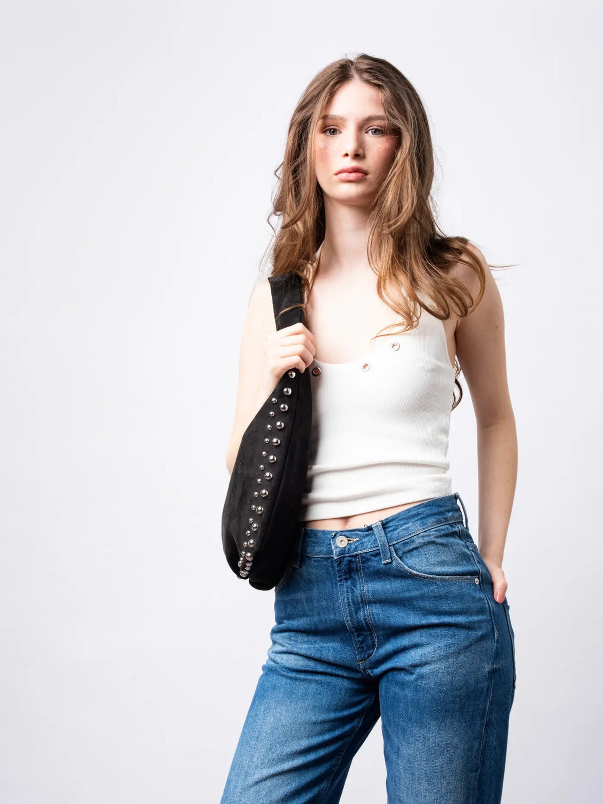 Studded Suede Shoulder Bag