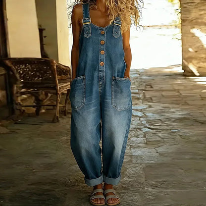 Mara - Vintage Soft Cotton Denim-Look Overalls with Adjustable straps